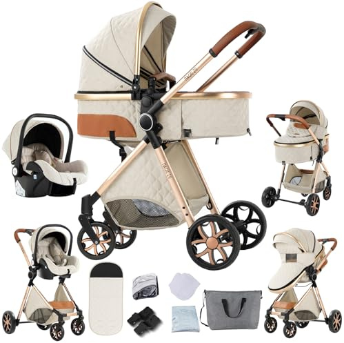 Aveainelle Carrito Bebe 3 en 1, Cochecito Plegable, Carrito de Paisaje Alto, Cochecito de Bebé Conveniente y Multifuncional (V9 Creamy White)