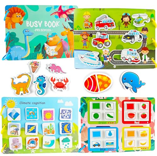 Tangdudu Livre Montessori 1 2 3 4 5 Ans, Quiet Book, Busy Book, Livre d’activités pour Apprendre Animaux, Couleurs, Formes, Fruits, légumes, véhicules, météo, Aliments, Dinosaures