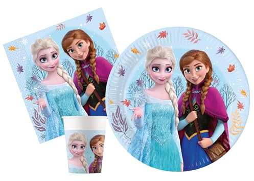 Kit Vajilla de Fiesta Disney Frozen Idyllic Wonder para 8 personas (36 pcs: 8 platos Ø23cm, 8 vasos 200ml, 20 servilletas 33x33cm) de papel FSC compostable eco-friendly