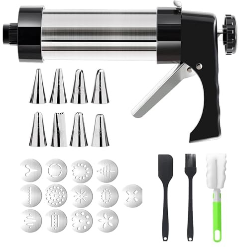 Stainless Steel Cookie Press Gun & Churro Maker Machine - Baking Gun with Discs & Nozzles (8 Tips, 13 Discs, 1 Baking Scraper, 1 Baking Brush, 1 Sponge Brush Cookie Cutters) Accessories Set