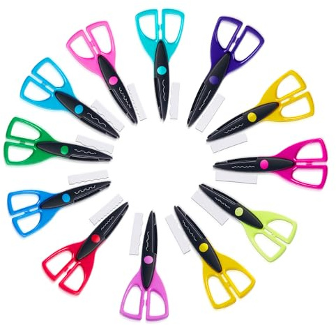 6.5 Inch Colourful Craft Scissors Set for Kids – 12 Pack Decorative Edge Scissors, Safety Design Handles for Arts & Crafts, School DIY Projects, Paper Cutting, Scrapbooking & Classroom Activities