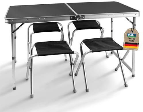 Faltbarer Campingtisch mit Klappfunktion – Stabiler Alu-Klapptisch mit 4 mm MDF-Platte – Höhenverstellbar, leicht, rostfrei, pflegeleicht – Inkl. 4 Hocker – Outdoor Tisch Camping Picknick platzsparend