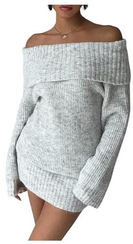 SOLY HUX Women's Off The Shoulder Mini Dress Long Sleeve Bodycon Knit Sweater Dresses Pure Grey Large