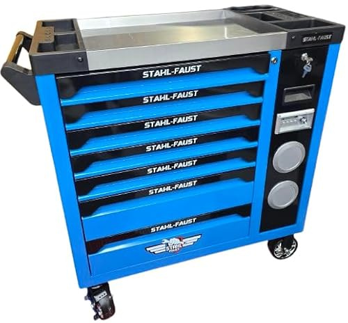 Werkstattwagen Werkzeugwagen mit voll Werkzeug und Musik Box Bestückter Werkzeugwagen mit 7 Schubladen und integrierten Boxen Radio / Bluetooth. •7 Schubladen randvoll bestückt •Abschließbar mit 4