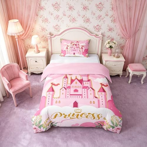 feelingyou Prinsessa barn täcke S storlek rosa slott drömmande blommor filtar täcke för sovrum sagotema sängkläder set (1 kudde)