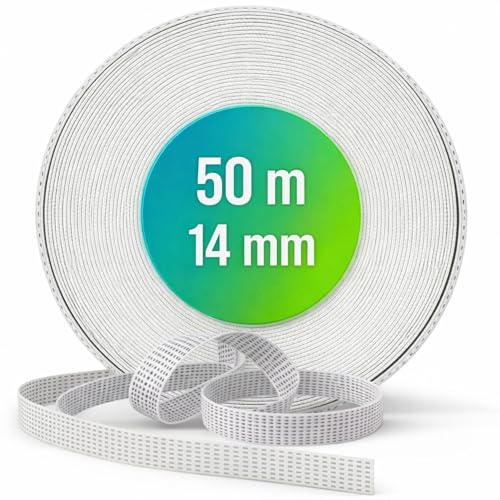 TELKES - Cinta Recogedor de Persiana Enrrollable color Blanco con Pintas 14 mm x 50 m - Cuerda de Repuesto de Toque Suave y Rigido - Resiste Rayos UV y Abrasion (Blanco Pintas 14mm, 50 metros)