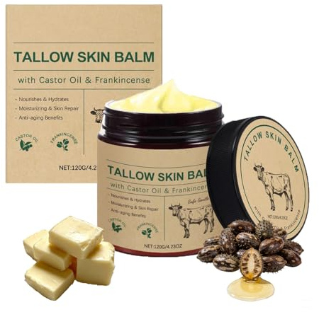 Talg ricinolja rökelseolja grädde, 120 g biff tallow cream, vispad nötkötttalgkräm gjord av gräsFed Tallow, fuktkräm för ansikte och kropp för känslig och torr hud (1 st.)