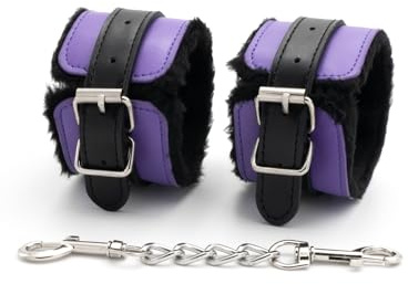 BONDAGERIE® Manette in peluche pelose colore Nero e Viola, morbide per coppia, in ecopelle, regolabili per lui lei giochi