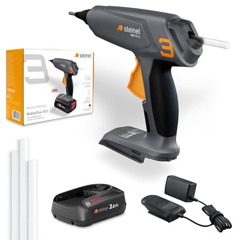 Steinel Akku Heißklebepistole MobileGlue 3011 Set, mit 2.5 Ah Bosch 18V PFA Akku, inkl. 3x Klebestifte, in 90 Sek. startklar, bis 90 Min. Dauerbetrieb, kabellos, Dual-Temp-Modus 130°C/200°C, ECO-Mode