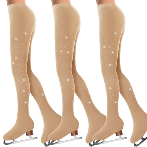 Ramede 3 Pcs Figure Skating Tights Rhinestones Ice Skate Tights Tan Crystal Figure for Girls Women Skating Ballet Dance Kids, Brown, 14-18 Years