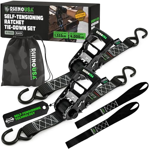 Rhino USA Self Tensioning Ratchet Tie Down Straps (2PK 1.6INX8FT)- Heavy Duty Patented Cargo Strap Keeps Tension When Your Load Shifts - Used for Motorcycle, ATV, UTV, Truck, General Cargo & More
