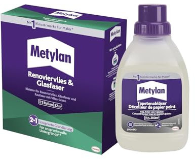 Metylan Renoviervlies & Glasfaser, Tapetenkleister & Grundierung, auch für Feuchträume (1x500g) & Metylan Tapetenablöser Aktiv-Konzentrat, löst schnell und problemlos (1x0,5l)