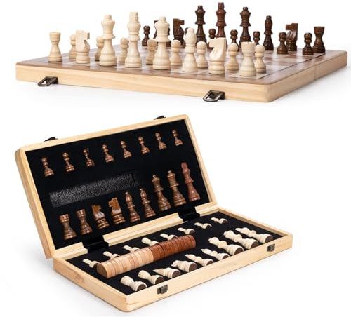 15 Wooden Chess Set | Folding Board, 2 Extra Queens | Magnetic Chess Board Set for Adults & Kids, Pieces Storage Slots Checkers Game for Kids Portable Travel Chess Game for Beginner