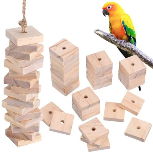 Housoutil Parrot Chewing Blocks 100pcs Bird Cage Accessories with Hanging Holes Unfinished Wooden Blocks for DIY Craft Beak Trimming Parakeet Cockatiel Macaw