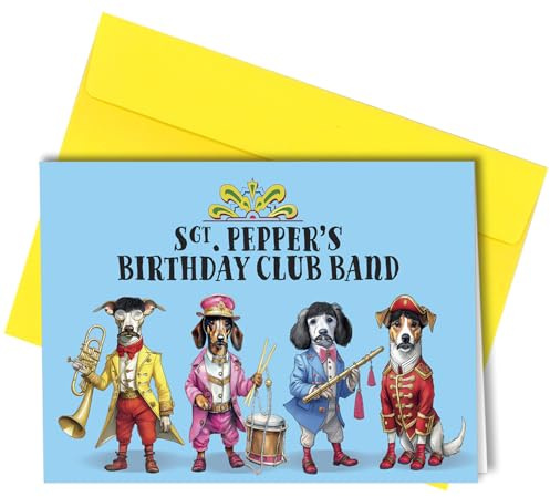 Oscar Finks Beatles St. Pepper födelsedagskort för hundälskare, roligt gratulationskort, 350 gsm kort, födelsedagskort från hunden, illustration av Beatles som hundar #377