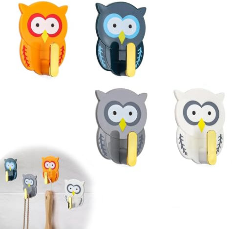 HJIAMA 4 Stück Kleiderhaken Selbstklebend, Handtuchhalter Küche, Eulen Schlüsselhalter, Handtuchhaken bad, Kein Bohren Erforderlich, Wandhaken, Klebehaken klein für Wohnzimmer, Schlafzimmer, Balkon