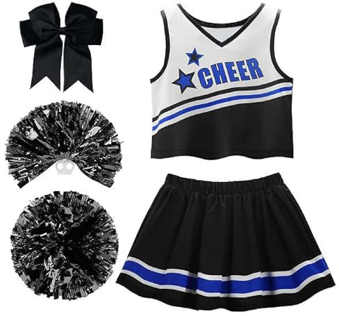 Danzcue Girls Sweetheart Cheerleader uniform Costume, Cheerleading Uniform Outfit for Halloween Party Birthday Gift, Black, Large