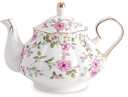 Agyiuns Flower Ceramic Teapot,22oz Porcelain Tea pot for Tea Coffee Milk for Office Home Men Women as Gift (White and big flowers)