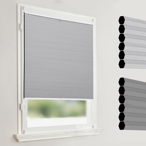 Joydeco Bikakeplissé utan borrning, mörkläggning termisk dubbel plissé Klemmfix tvåfärgad plissé vikbar, solskydd, insynsskydd, bullerskydd, persienner, rullgrå, 80 x 130 cm