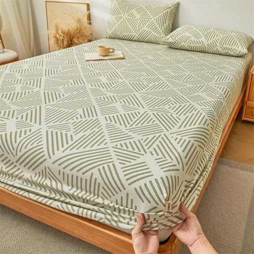 Homxi Spannbetttuch Doppelbett Einzelbett,200 x 220 cm,Matratzenbezug Dekorativ Baumwolle Streifenmuster Spannbetttuch Hell Olivgrün