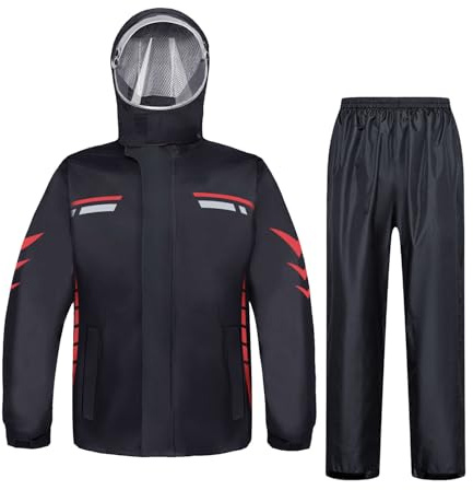HuiYStar Regndräkt för män, vattentät jacka och byxdräkt, regnrock, unisex regnjacka, motorcykel/cykeljacka med huva och säkerhetsreflektorer, röd, L