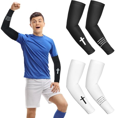 Bunnycool 2 Pairs Cross Arm Sleeve Baseball Ice Cream Football Compression Arm Sleeve Youth Volleyball Cooling Sport Gift(White,Black,13-18years,Philippians 4:13)
