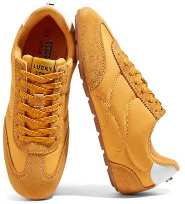 LUCKY STEP Women's Retro Fashion Sneakers Thin Sole Tennis Casual Anti-Slip Cow Suede Running Trainer Gym Trendy Classic Comfortable Lightweight Walking Shoes(Yellow,6)