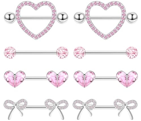 ZenithAura 4 Paare Titan Nippelpiercing Für Damen, Herz Nippel Barbell, Zungenpiercing CZ Nippelring Set, Süße Schleife Nippelpiercing Schmuck