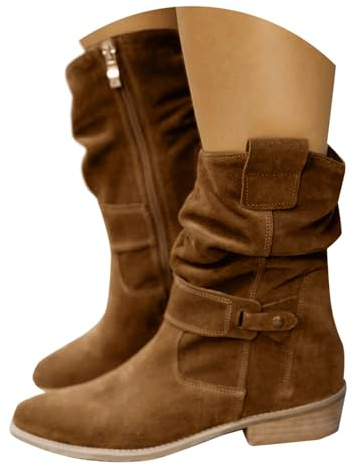EQWIGKEIT Botines de vaquero para mujer con tacón de bloque botas ligeras de media altura de ante antideslizantes, estilo vintage, elegantes, A4 marrón, 42 EU