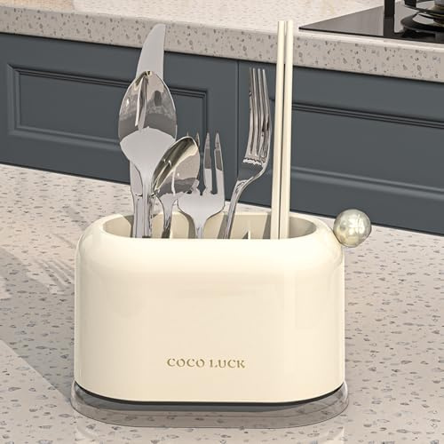Hosoncovy Countertop Cutlery Drying Holder Utensil Drainer Tableware Holder Box Tabletop Separated Fork Chopstick Kitchen Storage Cutlery Utensil Organizer (White)