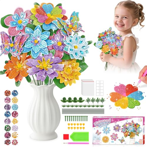 Cadeau Fille 5 6 7 8 10 Ans, Diamond Painting Enfant Bricolage Enfant 5-12 Ans Jouet Fille 5 6 7 8 9 10 11 12 Activite Manuelle Filles Kit Bouquet de Fleurs Artificielles Jeux Anniversaire Enfants