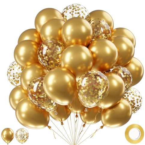 Palloncini Oro Confettis, 62 Pezzi Oro Palloncini Prima Comunione, Palloncino Dorati Metallico per Comunione Compleanno Battesimo Bimba Cresima Ragazzo Ragazza Matrimonio Baby Shower Laurea Capodanno