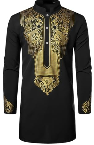 MANJIAMEI Homme Chemise Dashiki courte, chemise Henley manches longues boutonnée avec imprimé feuilleté, haut décontracté musulman en coton et lin, chemises traditionnelle musulmane usage quotidien
