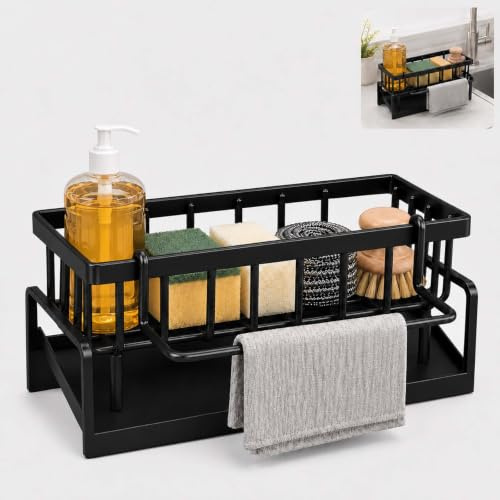 LMSAWK Organizador Fregadero Cocina de Acero al Carbono, Organizador con Soporte para Paño, para Jabón, Esponja, Cepillo y Utensilios, Negro