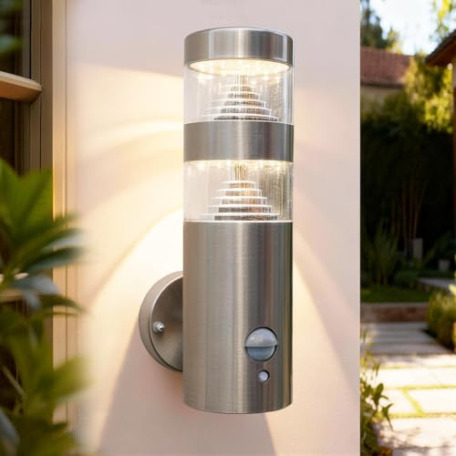 NBHANYUAN Up&Down LED Outdoor Wall Light with PIR Sensor, 4 Lighting Modes | SUS316 Stainless Steel, IP54 Waterproof, 220-240V Mains Powered, 9W, 1000lm, 3000K Light for Front Door Garden