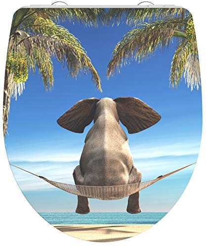 WC-Sitz - Toilettendeckel | Klodeckel mit Absenkautomatik & Schnellverschluss | Hochglanz Duroplast | Toilettensitz mit Muster (Happy Elephant)