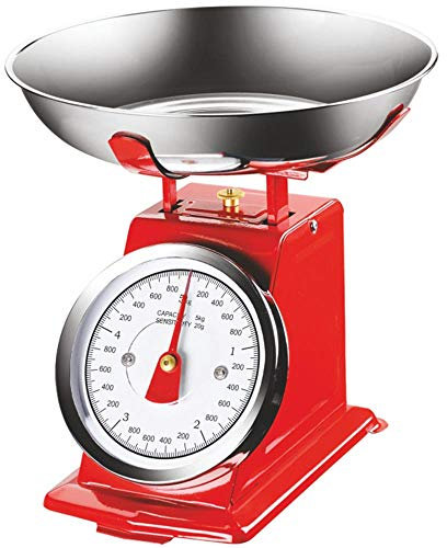 Bakaji Bilancia Meccanica Analogica da Cucina Atlas in Metallo con Ciotola Cromata Design Vintage Capacità Massima 5Kg Accessori Per Cucinare (Rosso)