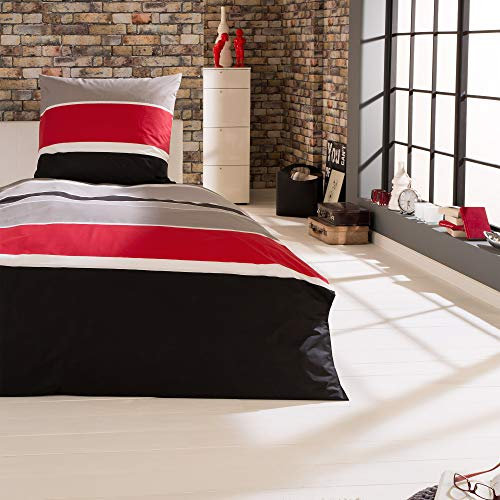 Beautissu Bettwäsche 155x220 Baumwolle 4teilig – 2X Gestreifter Bettbezug 155x220 & 2X Kissenbezug 80x80cm – Bettwaren & Bettwäsche-Sets Sommerbettwäsche Schwarz Rot Grau Weiß - Delia