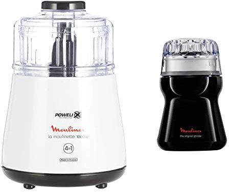 Moulinex Hachoir Électrique La Moulinette Hacher Mixer Viande Légumes Herbes Ails Oignons Fruits Secs Sauces 1000W Blanc & Moulin à Grain Électrique Dehli Café Épices Fruits Secs Moudre 180W Noir