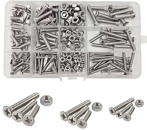 M4/M5/M6 Vite e Dado Acciaio Inox 304, 204 Pezzi 16/25/30mm Vite a Testa Svasata Piana a Croce Filettatura Completa Bullone Meccanico Kit di Assemblaggio di Dispositivi di Fissaggio