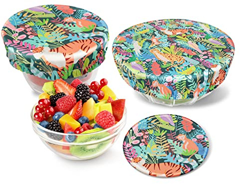 PHOGARY Set of 3 Reusable Food Cover, Elastic Fabric Covers Multi Purpose Food Storage Covers Can Lids Fruit Vegetable Meat Preservation, Jungle Pattern