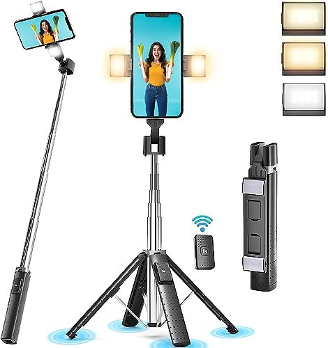 Selfie Stick Tripod Quadrapod with 2 Rechargeable Fill Light, Extendable Tripod with Bluetooth Remote, Stainless Steel, 3 Light Modes, 9 Brightness Levels, Compatible for All iPhone & Android