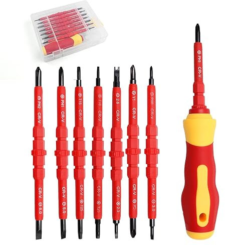 7 in 1 Schraubendreher Set Elektriker VDE geprüft, isoliert 1.000 V (41003) I Profi Schraubenzieher Set mit dünner Spitze Schlitz/Kreuz/Kreuzschlitz/Torx/Plusminus I Elektriker Werkzeug