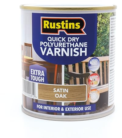 RustinsQuick Dry Poly Varnish Satin Oak 2,5ltr -Tough, Water-Based Clear Finish in Gloss, Matt or Satin; Durable Protection for Interior Wood, Furniture and Floors