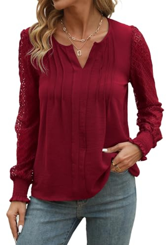 YUTILA Damblusar med V-hals, långa spetsärmar, veckad framsida, chic elegant skjortblus, tunika toppar, Vinered-a, S