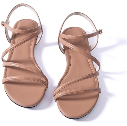 Mtzyoa Women Flat Sandals Nude Size 6.5 Dressy Gladiator Strappy Comfortable Summer Ankle Strap Open Toe Casual Leather Ladies Party Trendy Vacation