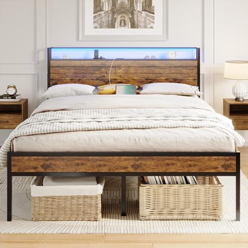 Bett 140x200 mit Steckdose Metallbett 140x200 mit 3 USB-Anschlüssen und LED Beleuchtung Bettgestell aus Metall mit Kopfteil Doppelbett mit Stauraum Jugendbett Bettrahmen mit Lattenrost(140x200cm)