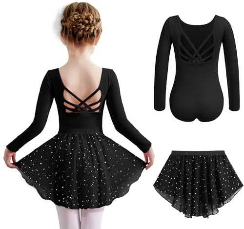 Arshiner Vêtements de Ballet pour Filles de 2 à 10 Ans Robe de Ballet à Manches Longues Deux Pièces en Coton Robe de Danse Dos Nu Justaucorps de Ballet avec Tutu Justaucorps de Danse