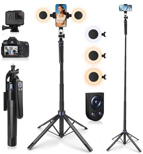 Avaspot 71 Phone Tripod with 2 LED Fill Lights & Removable Remote, All-in-One Extendable Selfie Stick Tripod for iPhone, Android & Camera, Ideal for Selfies, Vlogging & Video Recording