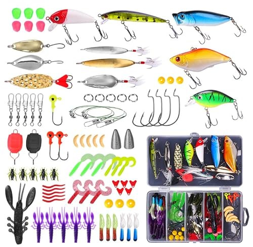 Fishing Lures Kit Set 88pcs/120pcs,Baits Tackle Including Spinners,VIB,Hooks,Swivels,Jigs,Worms,Tackle Box and More Fishing Gear Lures (88pcs)